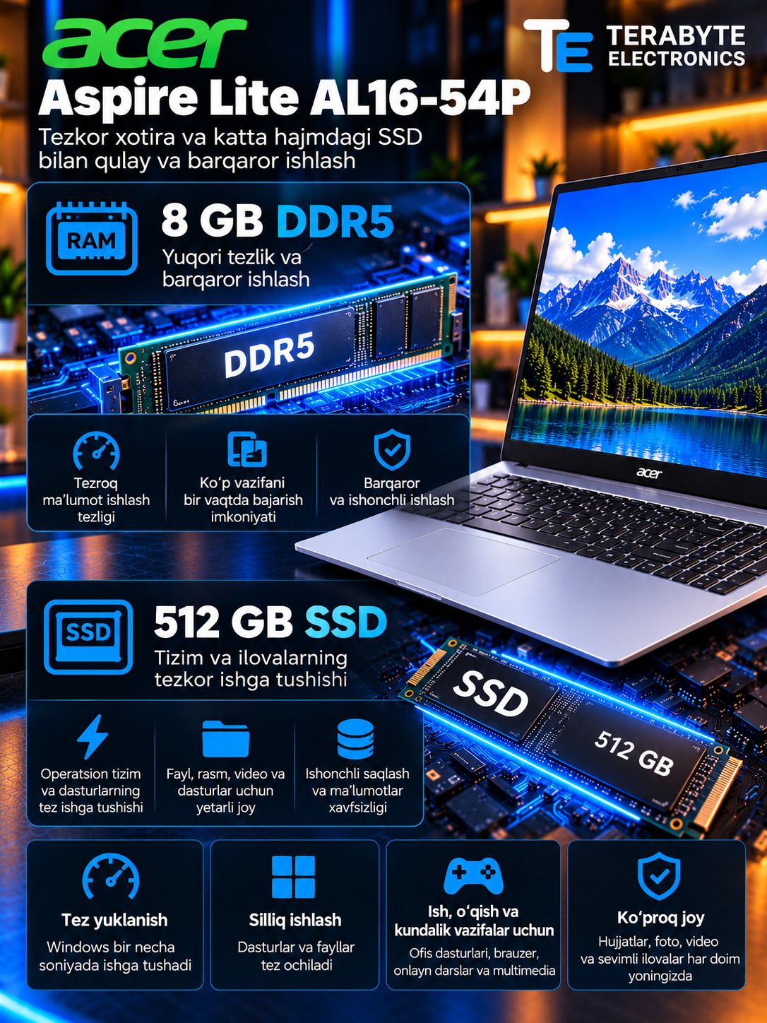 Ноутбук Acer Aspire Lite/ Core i3-1305U/ DDR5 8GB/ SSD 512GB/ 16" IPS WUXGA + Win 11