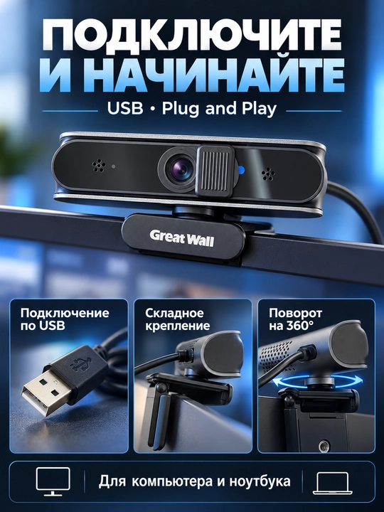 Веб-камера Full HD, для компьютера, видеозвонков и стримов с микрофоном