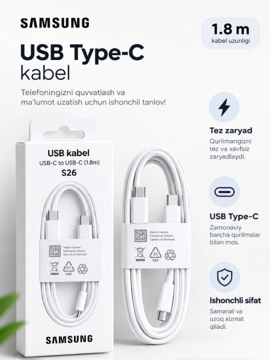 Samsung kabel, Redmi kabel, Tezkor zaryadlash USB Type-C t Cable 1.8m - 