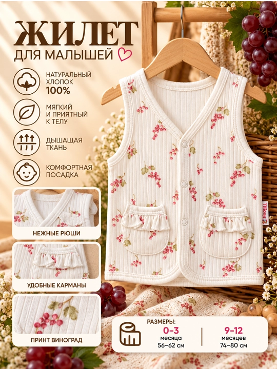 Детский жилет Tiffany Baby с принтом винограда и карманами, экрю - 