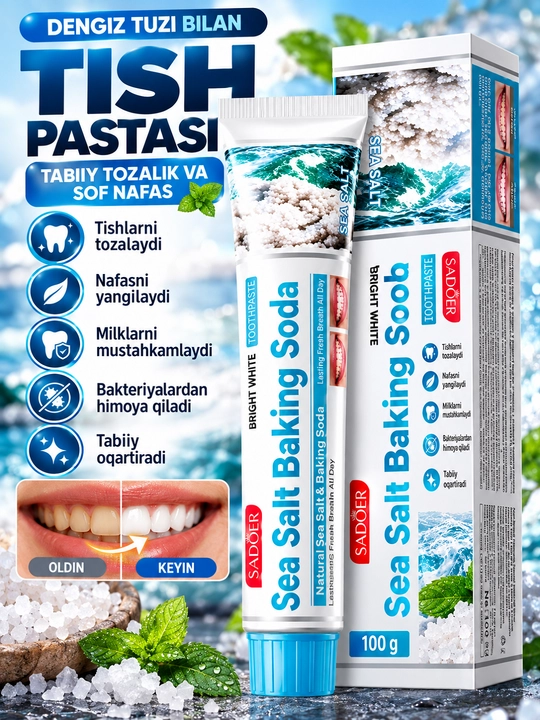 Dengiz tuzi va osh sodasi qo‘shilgan oqartiruvchi tish pastasi, kundalik parvarish uchun, SADOER - 