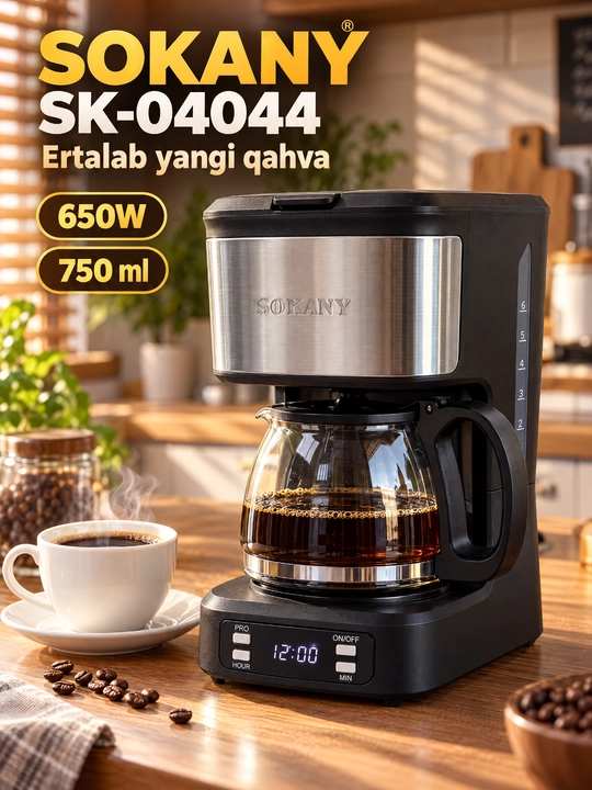 Кофеварка капельная SOKANY SK-04044, 650Вт, 750мл, таймер, стеклянный графин - 