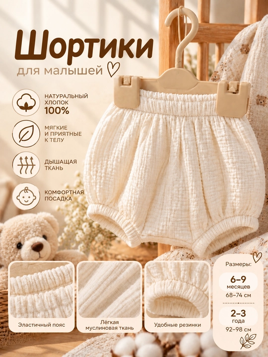 Tiffany Baby bolalar uchun elastik belbog‘li, bej rangli muslin shortilar - 
