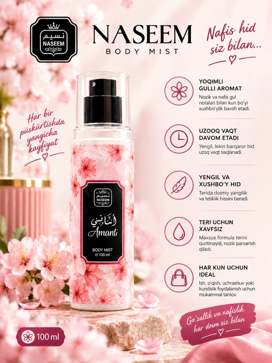 Naseem Bushra Amani Lamsa Body Mist с фруктово-цветочным ароматом для всех типов кожи - 