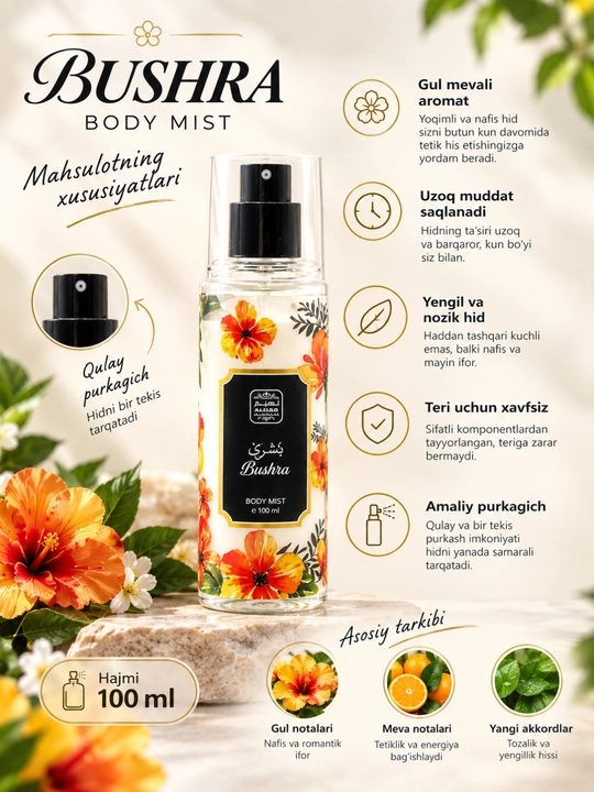 Naseem Bushra Amani Lamsa Body Mist с фруктово-цветочным ароматом для всех типов кожи