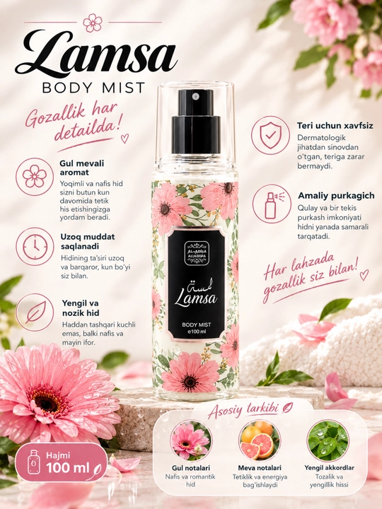 Naseem Bushra Amani Lamsa Body Mist с фруктово-цветочным ароматом для всех типов кожи