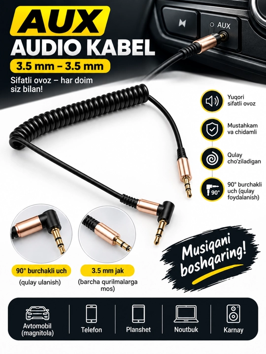 Prujinali audio AUX kabeli, 3.5mm - 