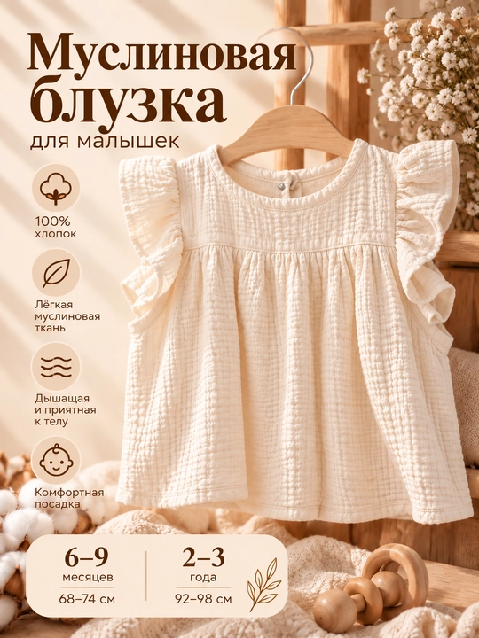 Детская муслиновая блузка Tiffany Baby с рукавами с рюшами, бежевая - 