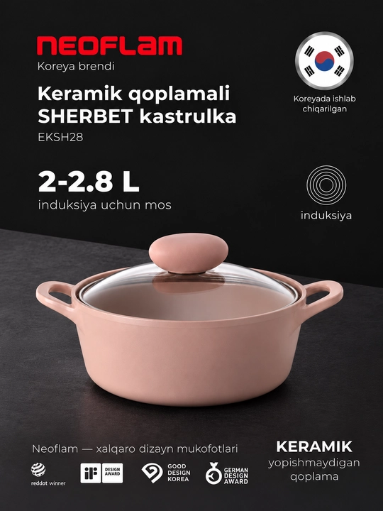 Neoflam SHERBET qozon 2-2,8 l, shisha qopqoqli, keramik qoplama, induksion, qozon - 