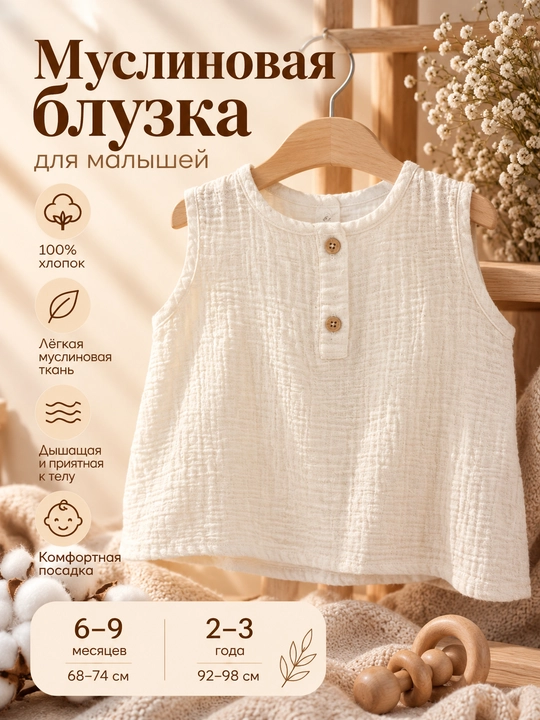 Детская муслиновая рубашка Tiffany Baby, с воротником и пуговицами, бежевая - 