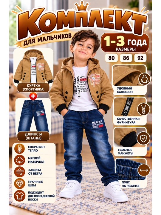 O‘g‘il bolalar komplekti. Kurtka va jinsi shim. Kundalik kiyim to‘plami 1–3 yosh - 