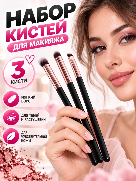 Makiyaj uchun cho‘tkalar to‘plami, 3 dona, ten, qosh, podvodka va lab bo‘yog‘i uchun - 