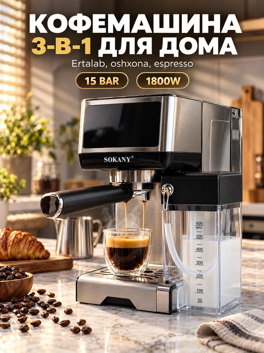 Кофемашина SOKANY SK-04042, 3-в-1, 15 бар, 1800 Вт, с молочником, домашняя эспрессо-машина - 