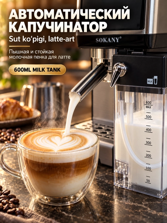 Кофемашина SOKANY SK-04042, 3-в-1, 15 бар, 1800 Вт, с молочником, домашняя эспрессо-машина