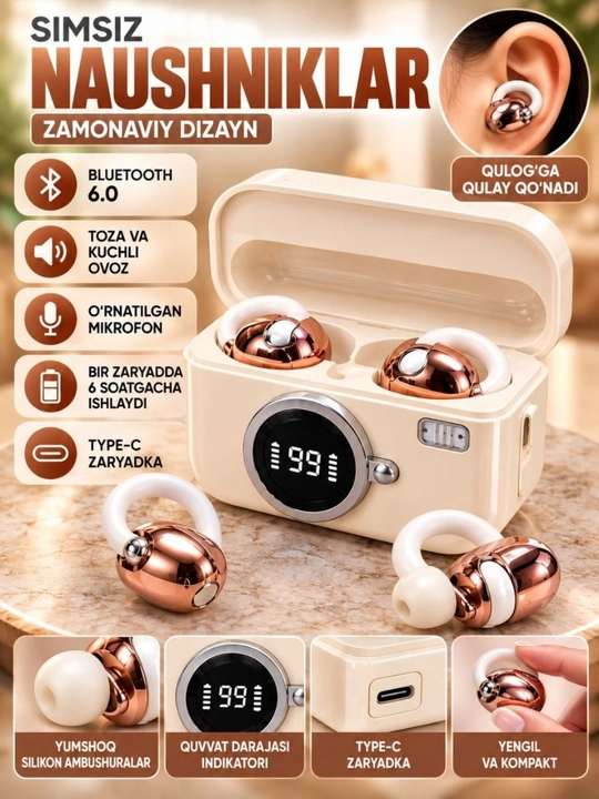 Simsiz quloqchin Bluetooth naushnik mikrofon, Type-C zaryadli, raqamli displey