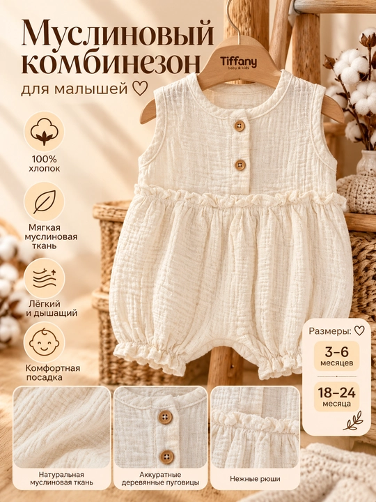 Qiz bolalar uchun Tiffany Baby rюshli bej rangli muslin kombinezon - 