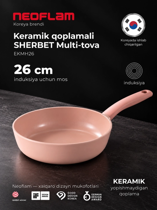 NEOFLAM SHERBET WOK Tova 26 sm, quyma alyuminiy, keramik qoplama, induksion - 