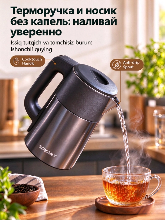 Elektr choynak SOKANY SK-09016, 2,5 l, 1500 Vt,zanglamaydigan po'latdan, tez isitiladigan