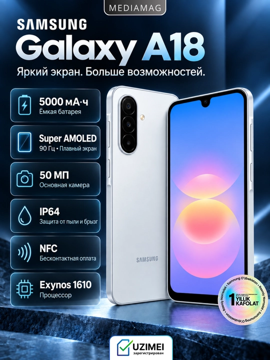 Smartfon Samsung Galaxy A18 NFC Super AMOLED ekran 90 hz, 50 MP kamera, 5000 mAs batareya - 