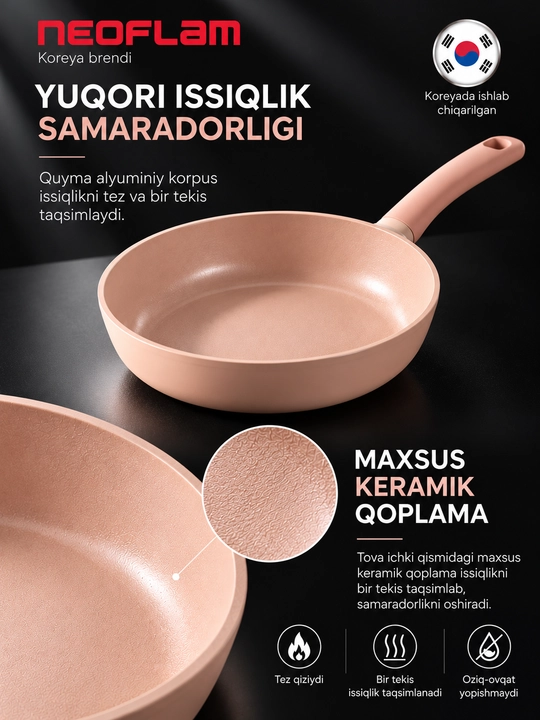 NEOFLAM SHERBET WOK Tova 26 sm, quyma alyuminiy, keramik qoplama, induksion