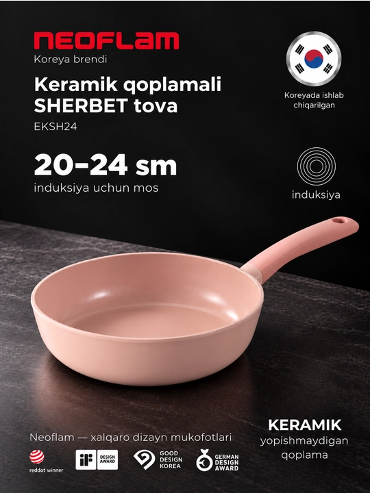 NEOFLAM SHERBET Tova 20-24 sm, quyma alyuminiy, keramika qoplamali, qopqoqsiz, induksion - 