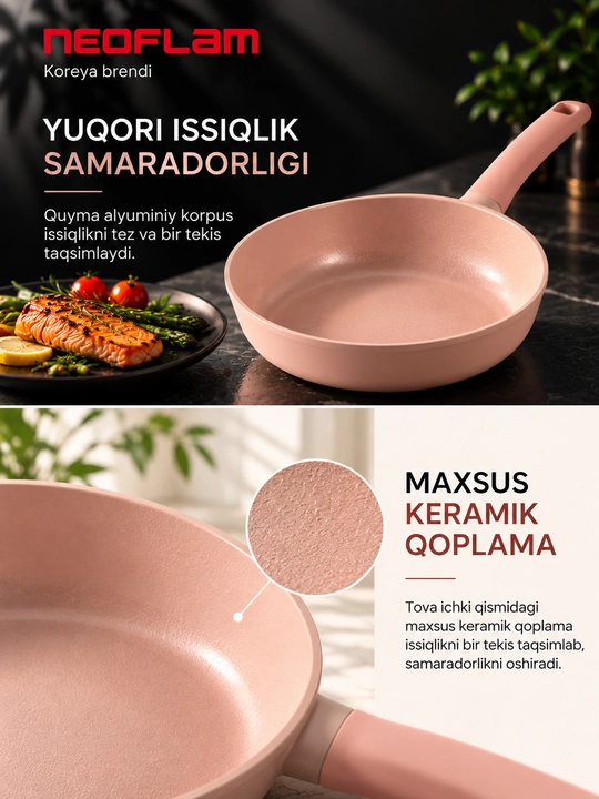 NEOFLAM SHERBET Tova 20-24 sm, quyma alyuminiy, keramika qoplamali, qopqoqsiz, induksion