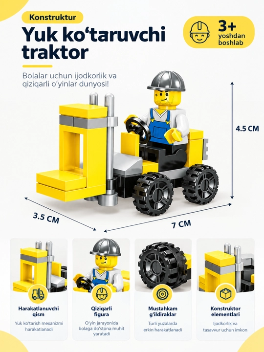 Konstruktor, bolalar uchun, qurilish mashinalari, ekskavator, rivojlantiruvchi, o‘yinchoq - 