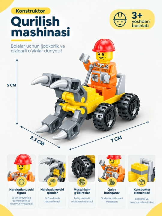 Konstruktor, bolalar uchun, qurilish mashinalari, ekskavator, rivojlantiruvchi, o‘yinchoq - 