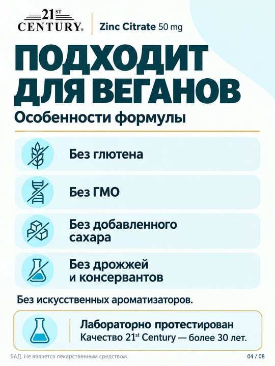 Цинк Цитрат, 21st Century Zinc Citrate 50 мг, 60/360 таблеток