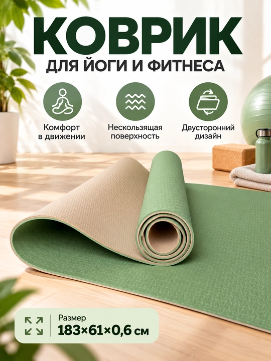 Коврик для йоги и фитнеса TPE, 6 мм, спортивный, гимнастический, нескользящий, подарок - 