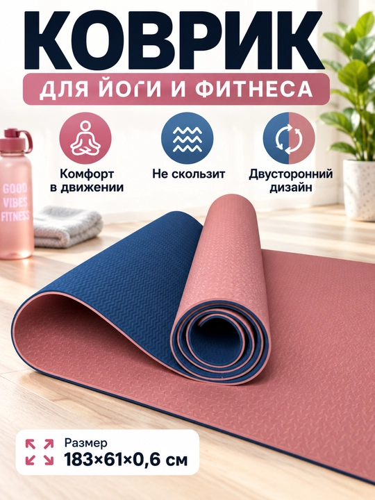 Коврик для йоги и фитнеса TPE, 6 мм, спортивный, гимнастический, нескользящий, подарок - 