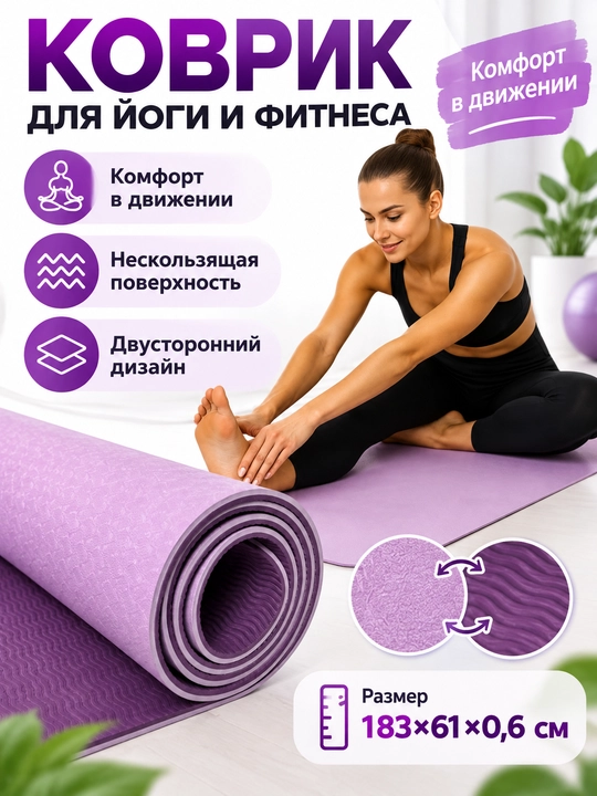 Коврик для йоги и фитнеса TPE, 6 мм, спортивный, гимнастический, нескользящий, подарок - 