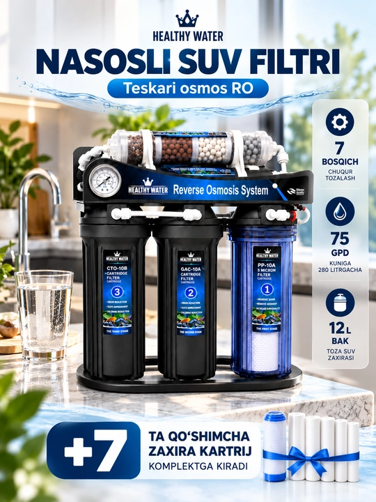 Nasosli suv filtri, 7 bosqichli RO teskari osmos, 75 GPD,12 l bak, jo‘mrak va +7 kartrij - 