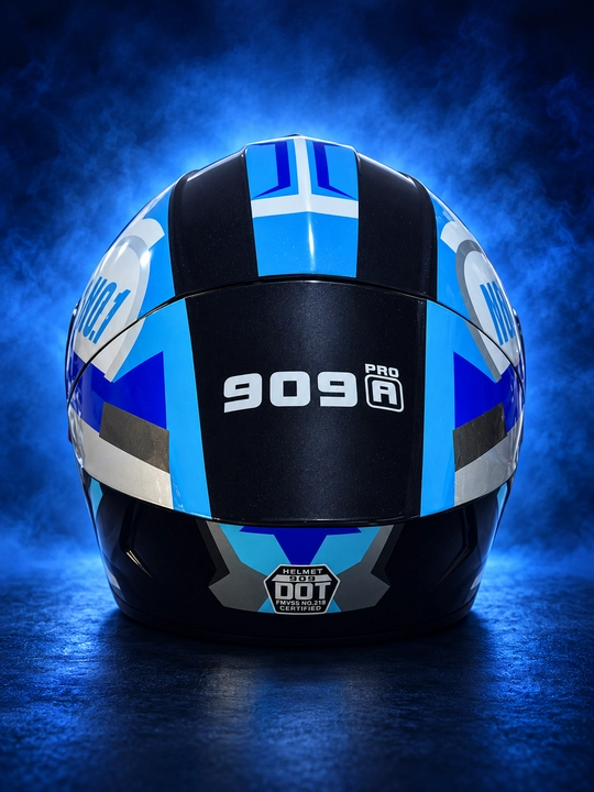 909 PRO motoshlem — iyak qismi ko‘tariladigan, ko‘k ko‘zgusimon vizorli kaska