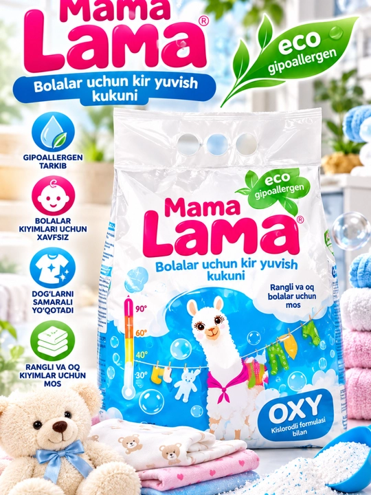 Bolalar kiyimlari uchun kir yuvish kukuni, gipoallergen, rangli va oq kiyimlar uchun mos - 