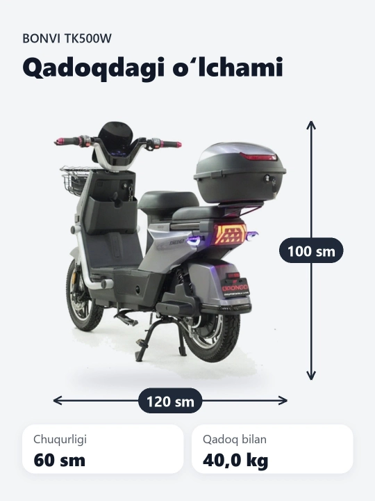 Duga 16" TK 500W elektr skuteri tezligi 25 km 50 km/soat, yurish masofasi 50-60 km