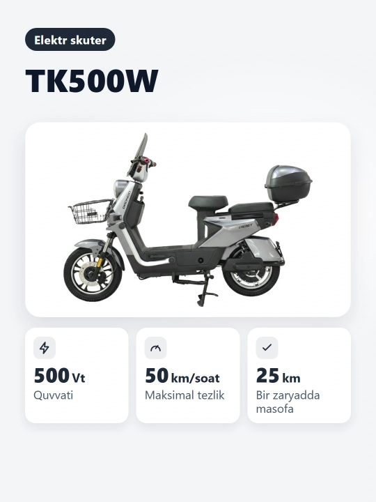 Duga 16" TK 500W elektr skuteri tezligi 25 km 50 km/soat, yurish masofasi 50-60 km