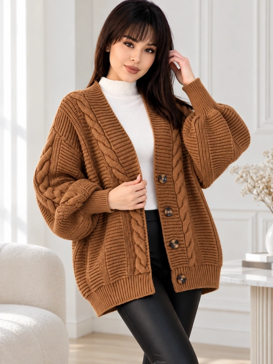 Ayollar uchun zamonaviy trikotaj kardigan, oversayz, 46–52 standart razmer, kuz-qish-bahor - 