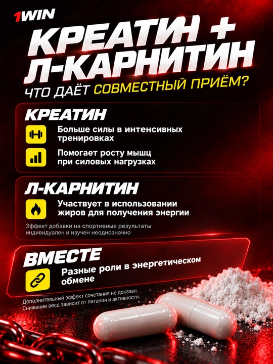 Комлекс креатин + L-карнитин, креатин + цинк  цитрат 1WIN, для силы и выносливости