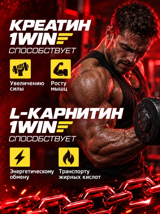 Комлекс креатин + L-карнитин, креатин + цинк  цитрат 1WIN, для силы и выносливости