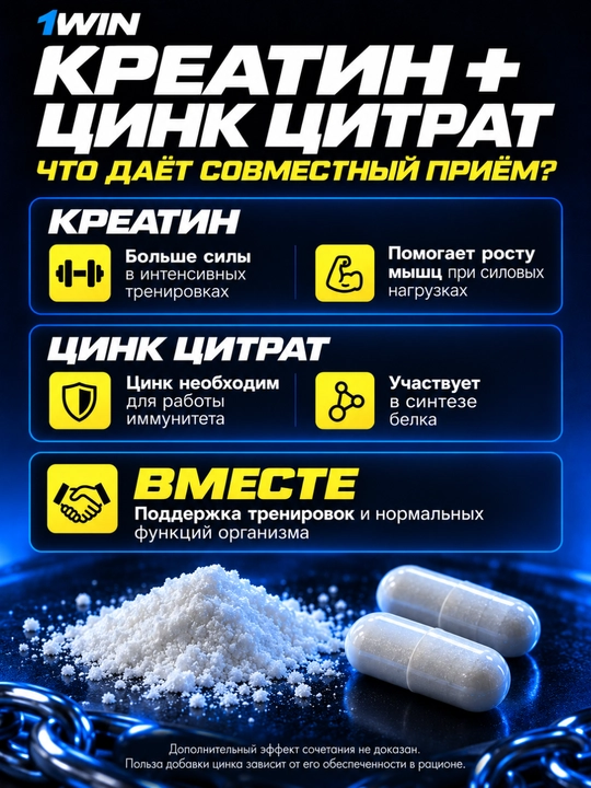 Комлекс креатин + L-карнитин, креатин + цинк  цитрат 1WIN, для силы и выносливости