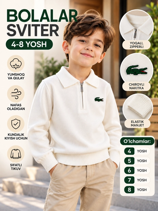 Bolalar uchun yoqali sviter, 4–8 yosh, o‘g‘il bolalar koftasi, uzun yengli polo - 