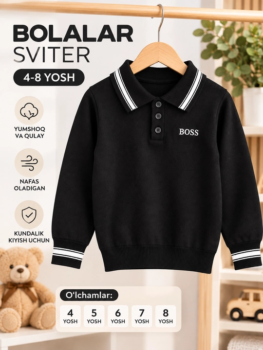 Bolalar uchun yoqali sviter, 4–8 yosh, o‘g‘il bolalar koftasi, uzun yengli polo - 