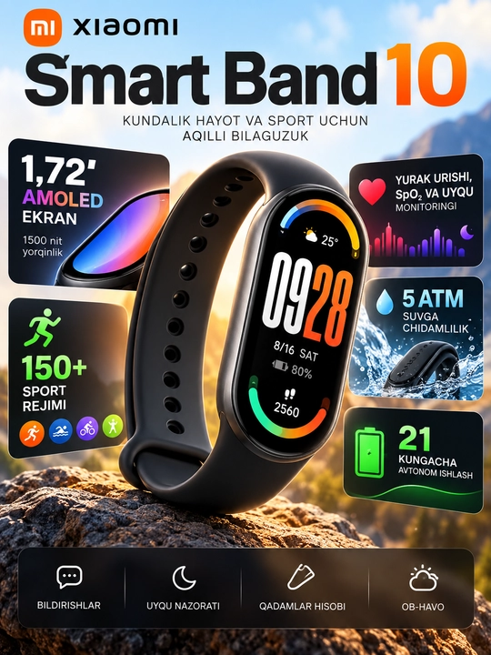 Xiaomi Smart Band 10 умный браслет, AMOLED, мониторинг сна и активности - 