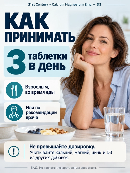 Кальций, Магний, Цинк, Витамин д3, 21st Century Calcium Magnesium Zinc + D3, 90 таблеток, Халяль