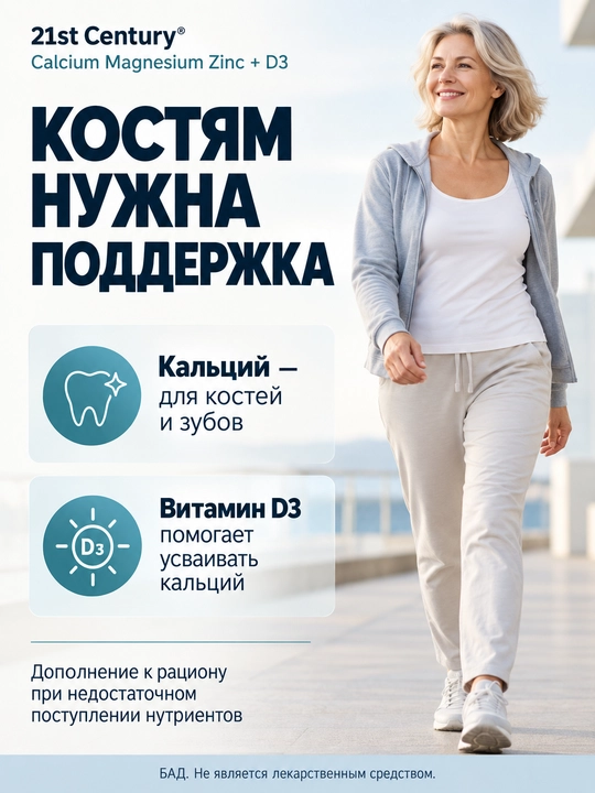 Кальций, Магний, Цинк, Витамин д3, 21st Century Calcium Magnesium Zinc + D3, 90 таблеток, Халяль