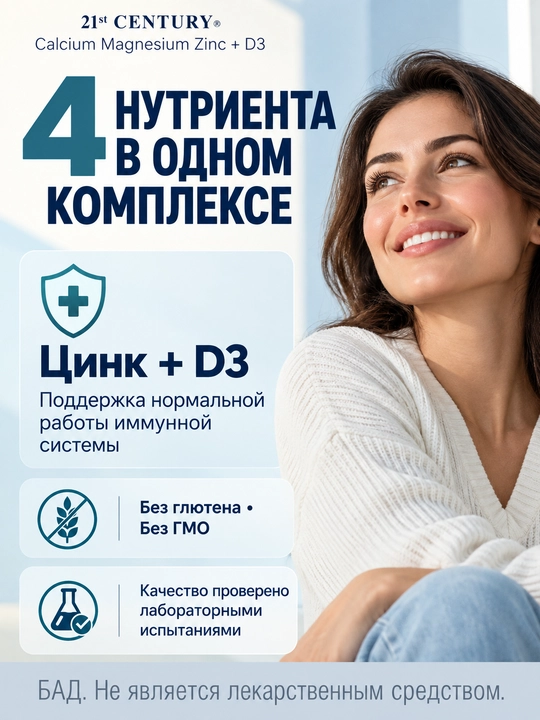 Кальций, Магний, Цинк, Витамин д3, 21st Century Calcium Magnesium Zinc + D3, 90 таблеток, Халяль