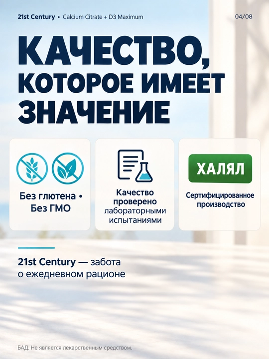 Kalsiy Sitrat, Vitamin D3, 21st Century Calcium Citrate + D3 Maximum, 75 tabletka, Halol