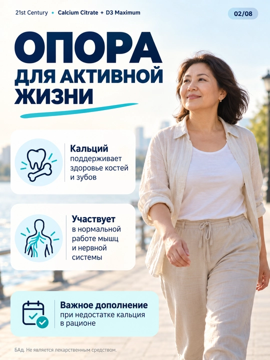 Kalsiy Sitrat, Vitamin D3, 21st Century Calcium Citrate + D3 Maximum, 75 tabletka, Halol