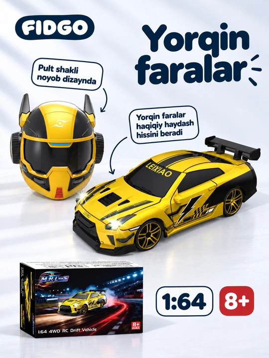 FIDGO pultli drift mashinasi, 4WD, yonuvchi faralar, 1:24 yoki mini 1:64